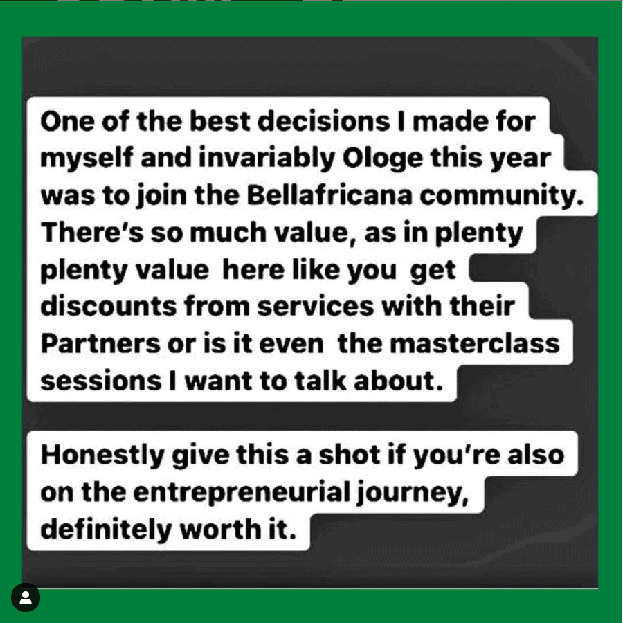 Bellafricana testimonials from the community of creative entrepreneurs in the family. Home to creative entrepreneurs